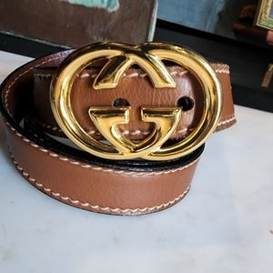 GUCCI vintage Brown Belt Gold G Belt 80-32